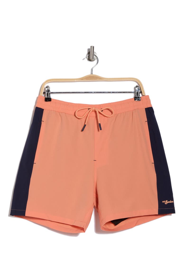 Colorblock Stretch Compression Swim Shorts, Alternate, color, PAPAYA PUNCH
