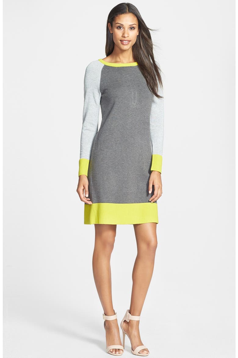 Colorblock Shift Sweater Dress, Main, color, GREY/ YELLOW