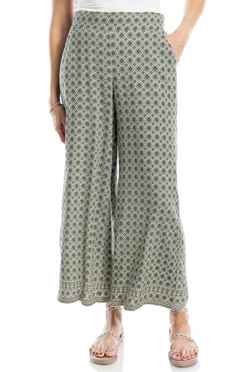 Max Studio Texture Rayon Cropped Pant In Cream/olive Stacked Star Geo
