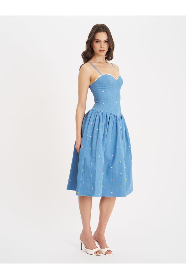 Zadie Denim Drop Waist Embroidery Flower Midi Dress, Alternate, color, Blue