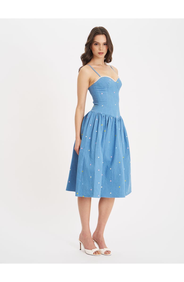 Miss Circle Zadie Denim Drop Waist Embroidery Flower Midi Dress, Alternate, color, Blue