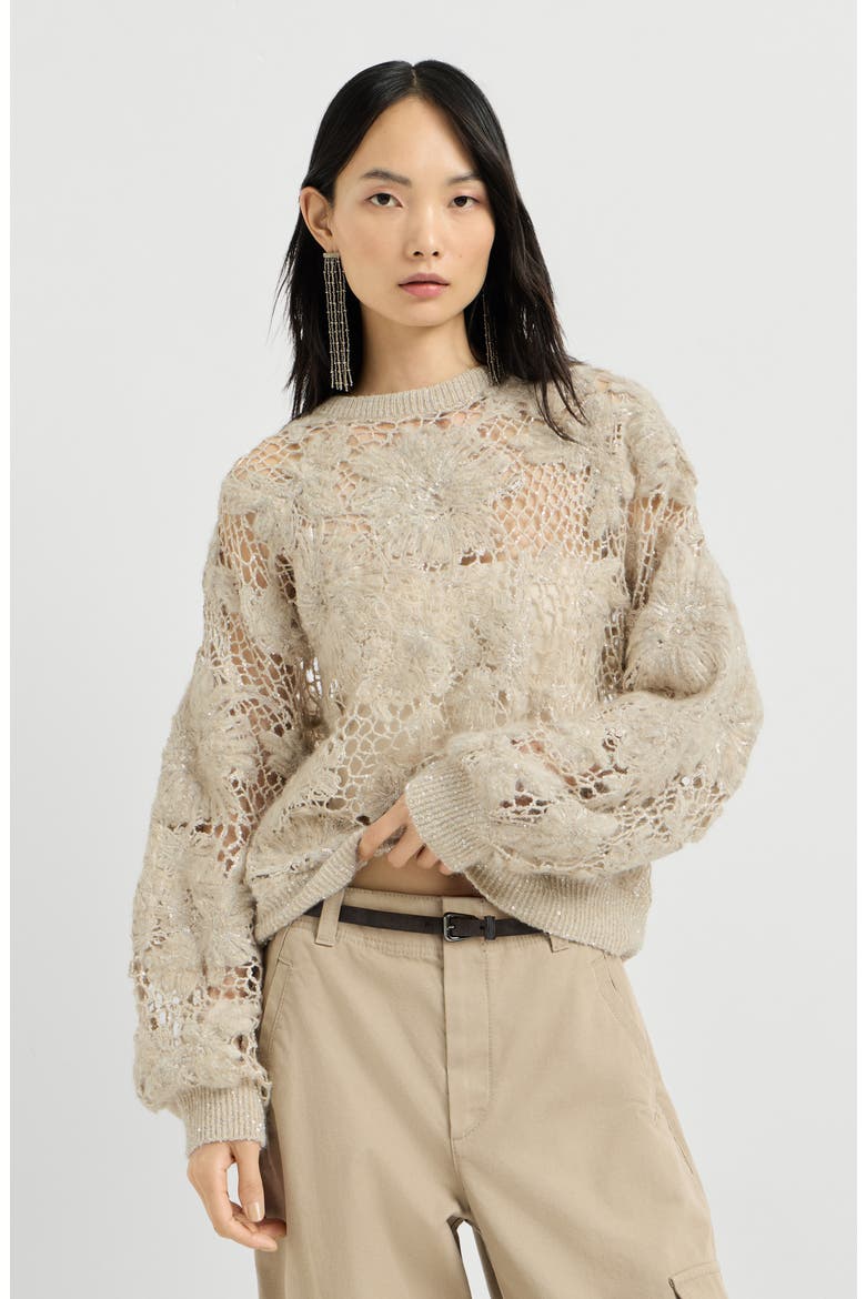 Whispering bloom embroidery sweater in sparkling mohair and wool, Main, color, Sand