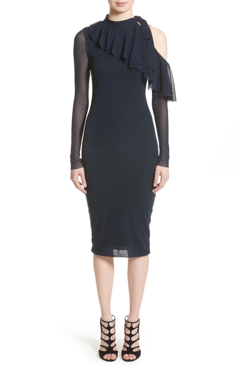 Fuzzi Tulle One-Shoulder Midi Dress, Main, color, 