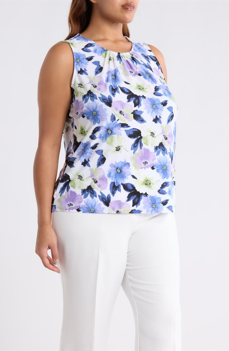 KASPER Floral Print Shirred Shell, Alternate, color, Lily White Multi