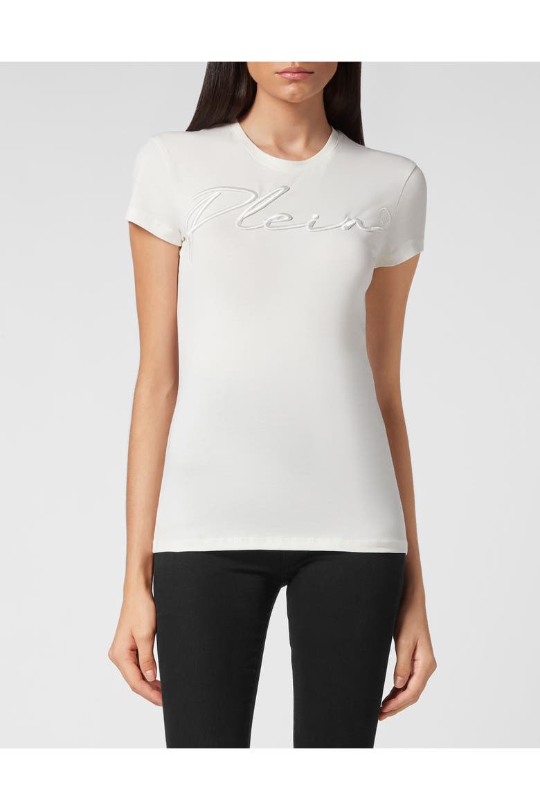Satin T-Shirt Round Neck Ss Embroidery Signature Women, Main, color, Cream