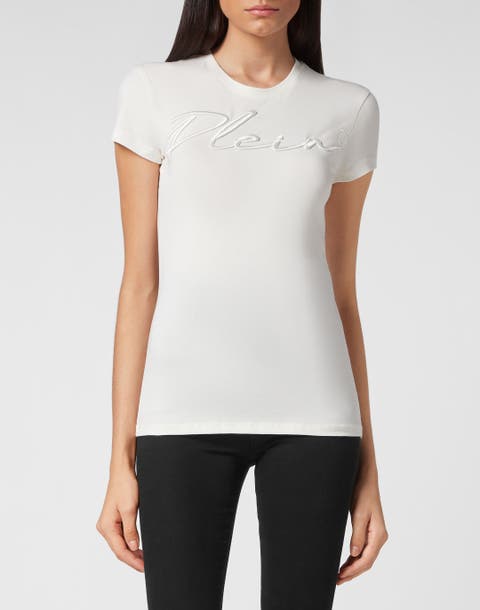 Satin T-Shirt Round Neck Ss Embroidery Signature Women