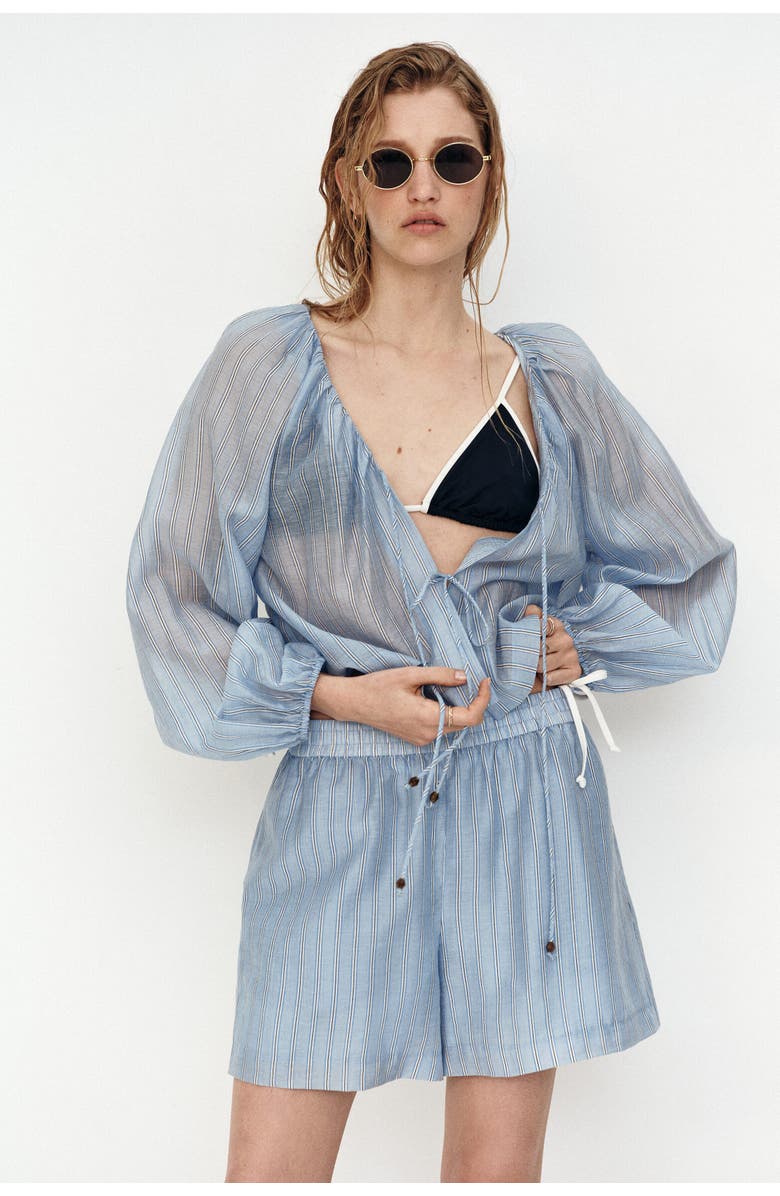 H&M Linen-blend Tie-front Blouse, Alternate, color, Light Blue/Striped