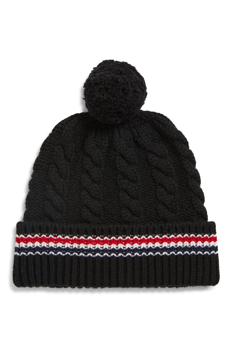 Cashmere Baby Cable Beanie with Pom Pom, Main, color, BLACK