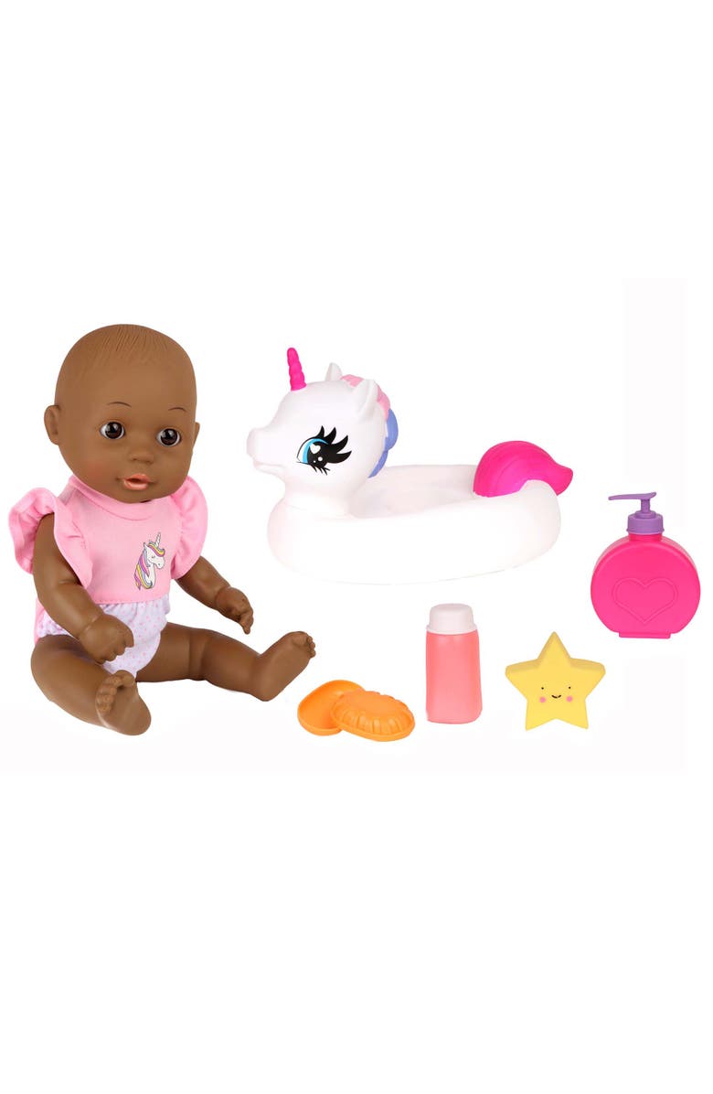 Dream Collection Gigo Bath Time 12 Inch Baby Doll with Unicorn Floater, Main, color, Multicolored