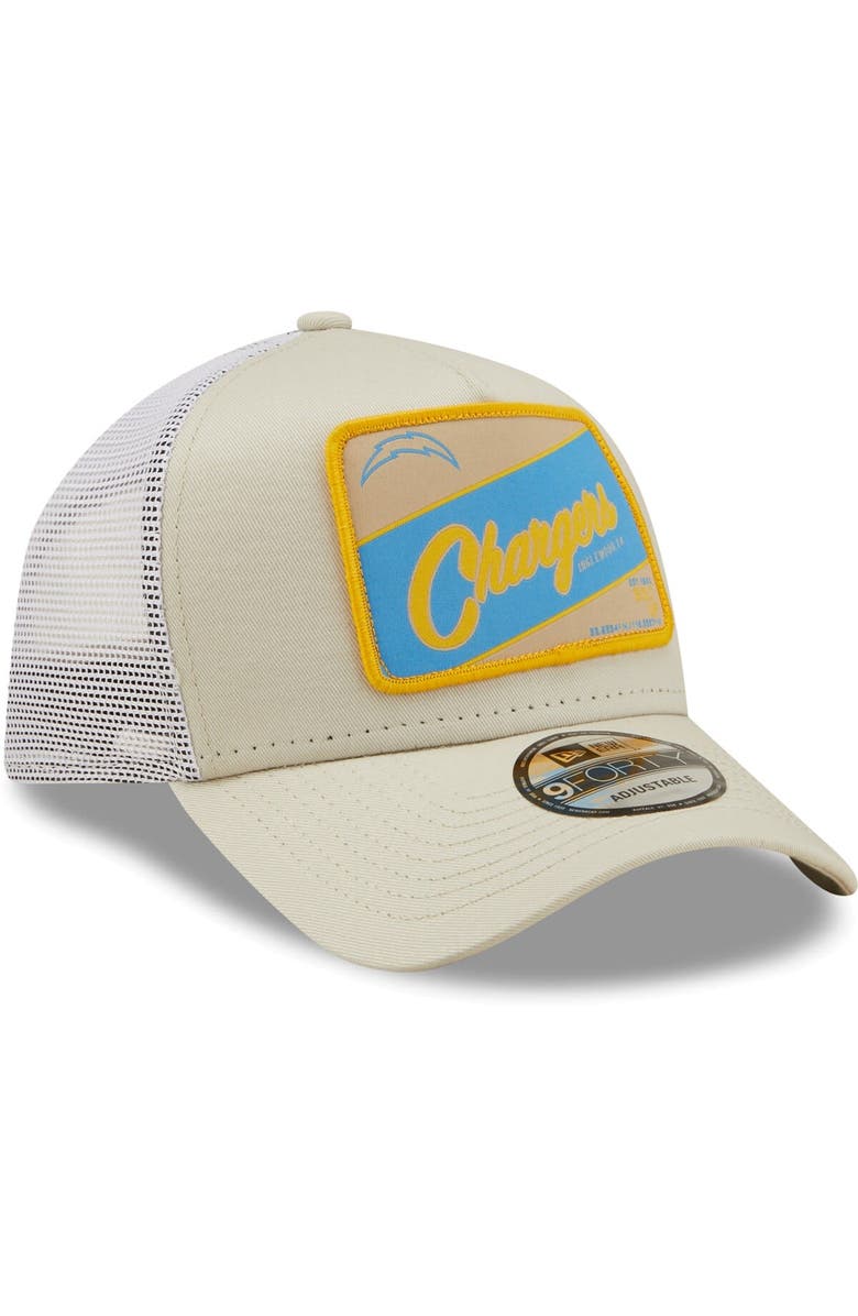 New Era Men's New Era Khaki/White Los Angeles Chargers Happy Camper A-Frame Trucker 9FORTY Snapback Hat, Alternate, color, 