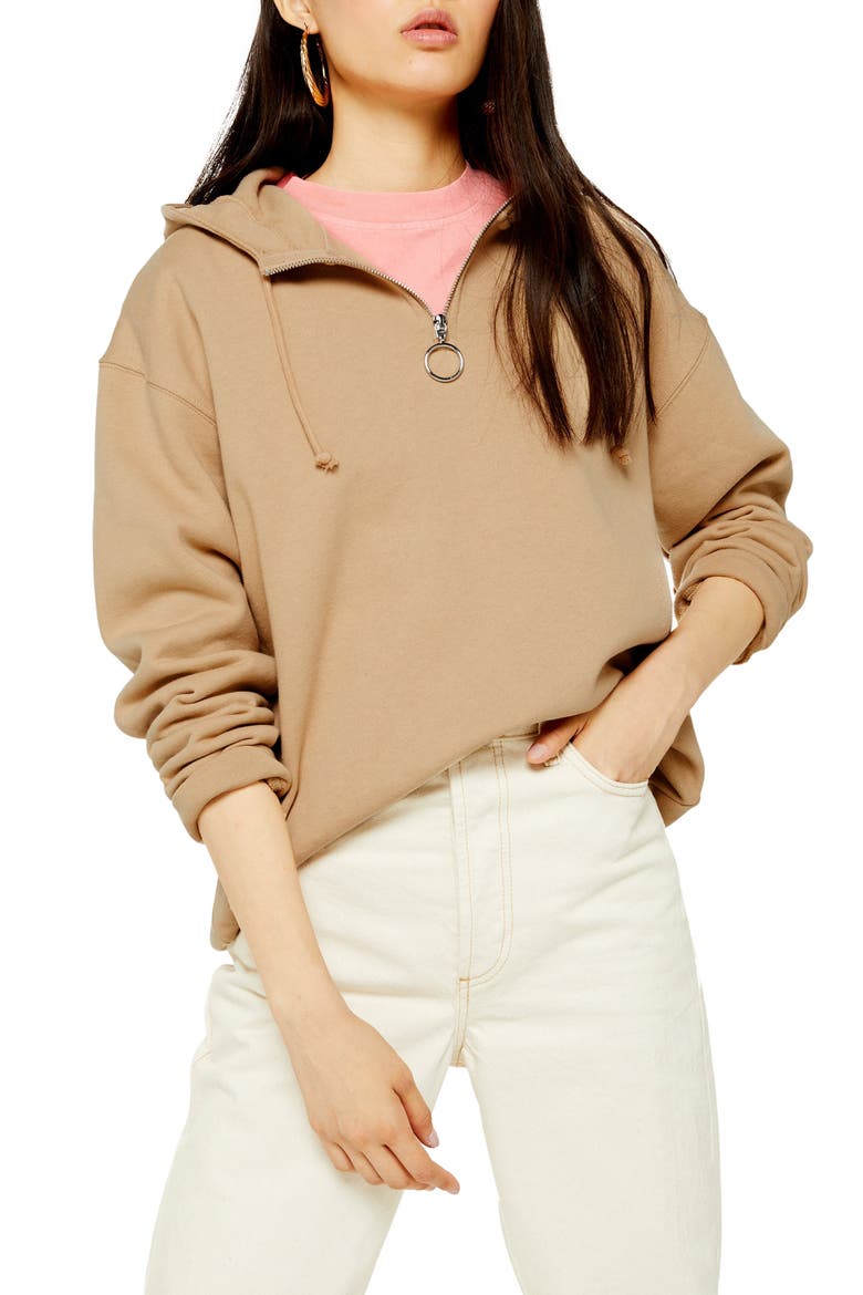 Quarter-Zip Hooded Sweatshirt, Main, color, STONE