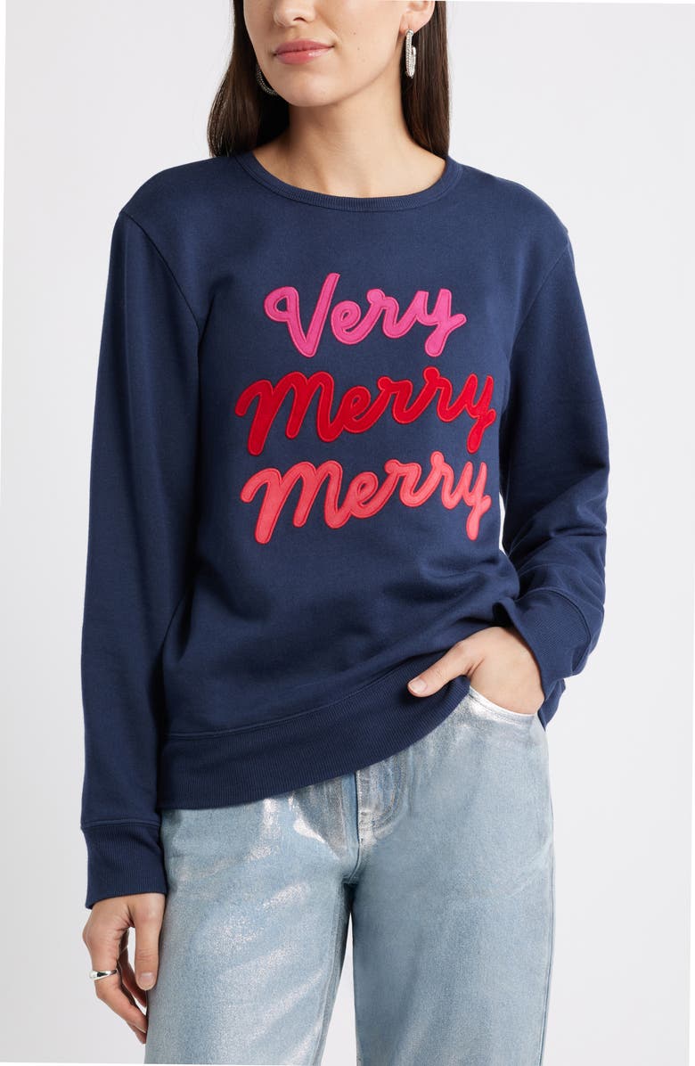 Caslon<sup>®</sup> Very Merry Merry Sweatshirt, Main, color, Navy Embroidery