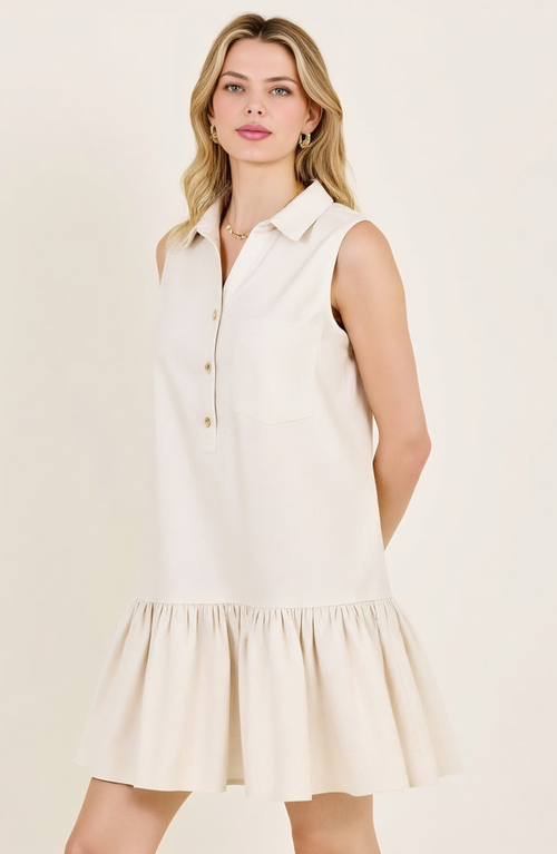 Modenaire Sleeveless Collared Drop Waist Dress With Front Pocket Detail