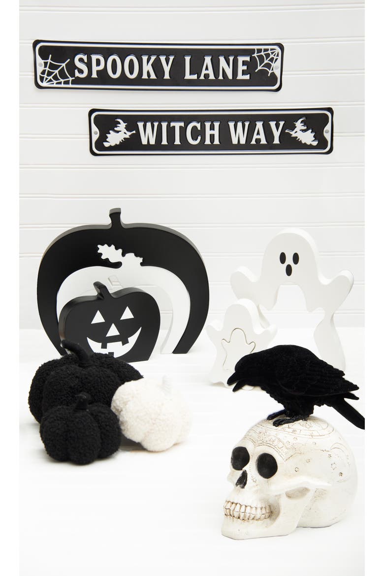 Skeleton Skull & Crow Decorative Halloween 8.5" Figurine, Alternate, color, White
