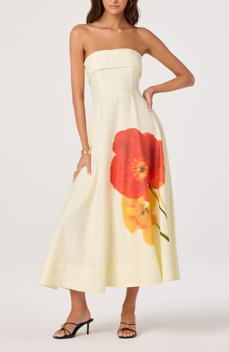 ASTR the Label Ximena Placed Floral Strapless Dress, Alternate, color, Red Yellow Floral