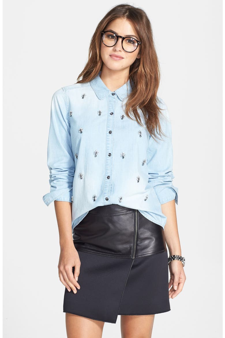 Embellished Denim Shirt, Alternate, color, BLEACH WASH