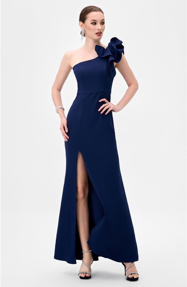 Bariano Sue Frill Shoulder Gown, Alternate, color, Navy