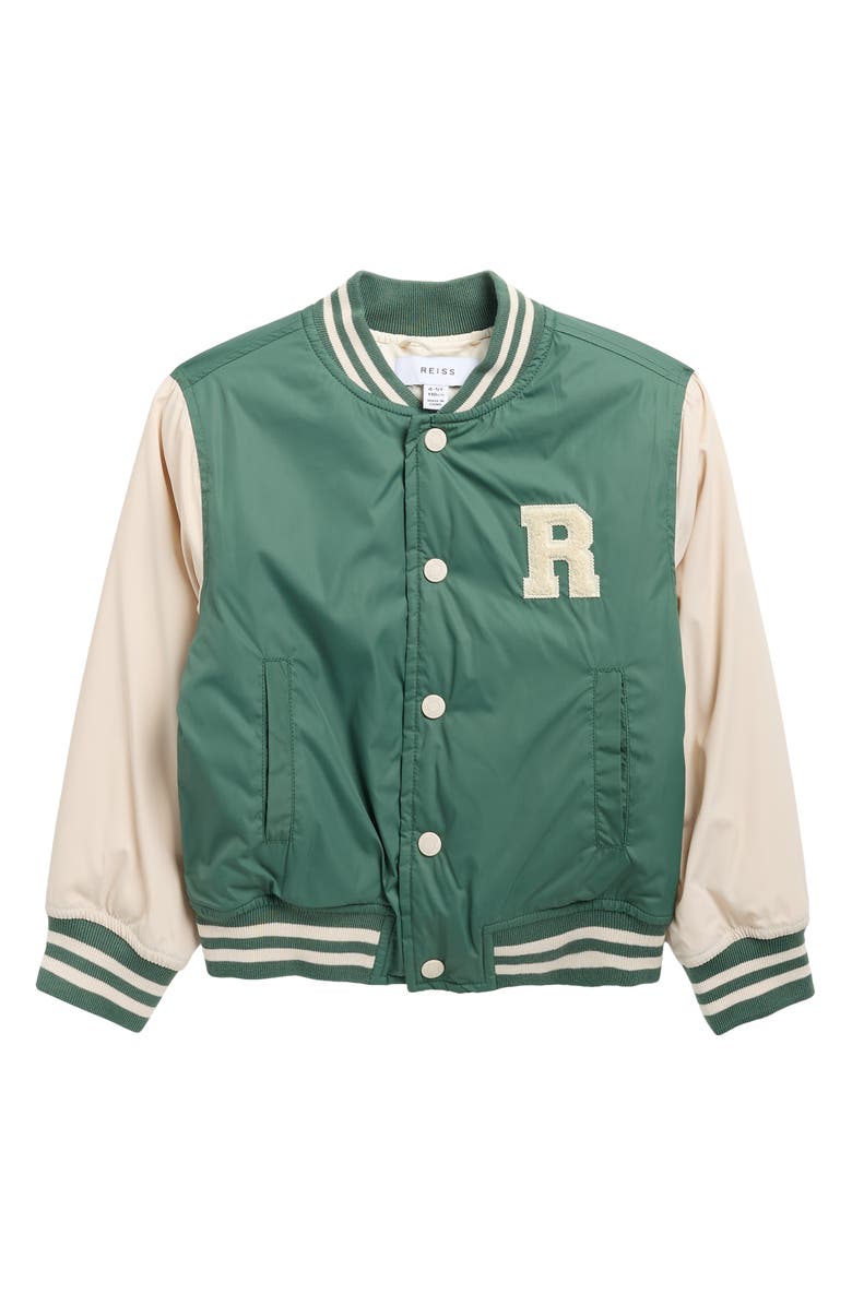 Reiss Kids' Arkan Varsity Jacket, Main, color, Green/ Stone