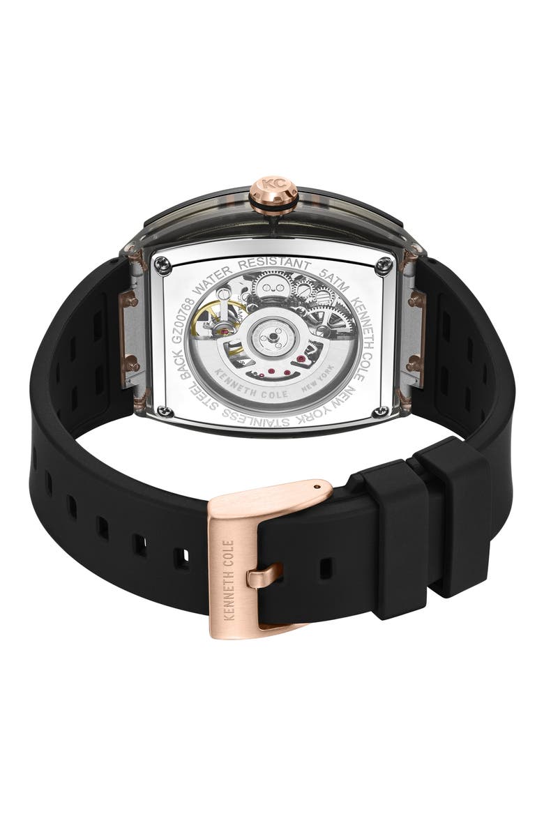Skeleton Tonneau Automatic Silicone Strap Watch, 41.5mm x 53.5mm, Alternate, color, BLACK