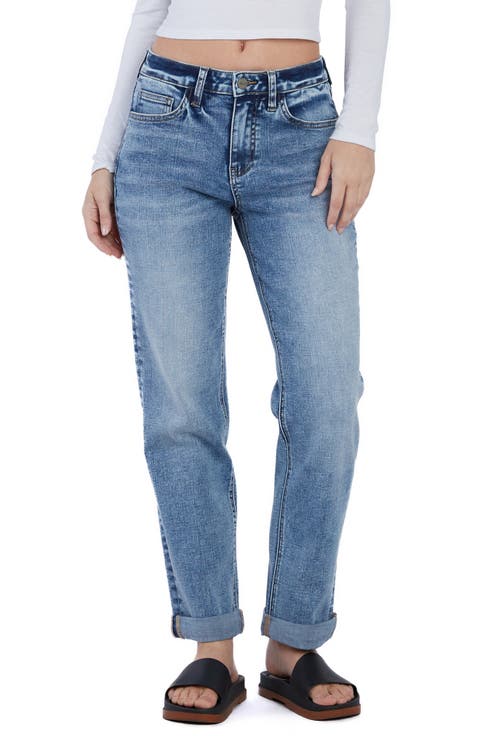 High Waist Cuff Boyfriend Jeans (Chic Ice Blue)