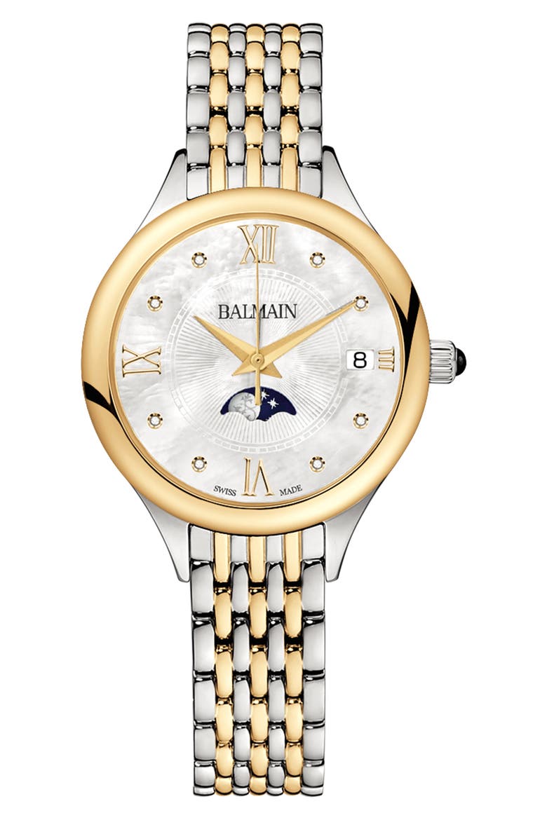Two-Tone Diamond Moon Phase Bracelet Watch, 31mm, Main, color, STAINLESS STEEL/YELLOW/ PVD COATING