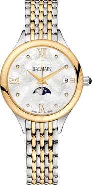BALMAIN WATCHES Two-Tone Diamond Moon Phase Bracelet Watch, 31mm