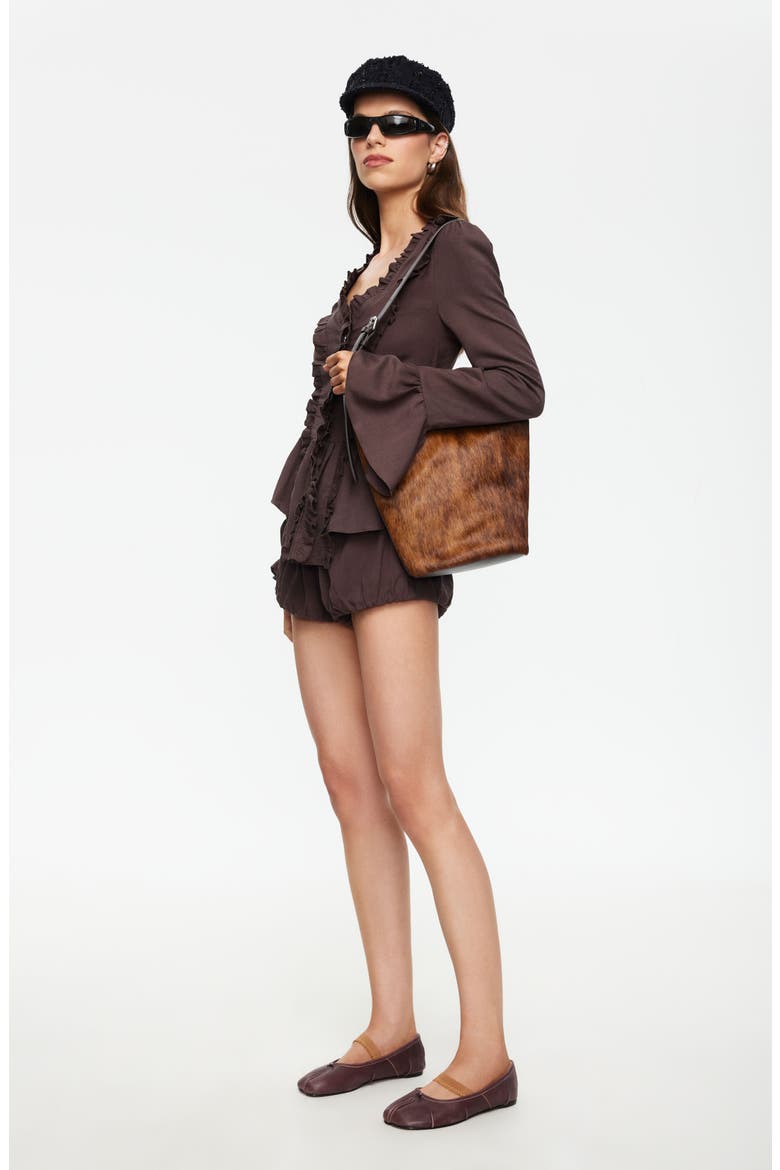 Odette Ruffle Bell Sleeve Tie Back Linen Blend Top, Alternate, color, BROWN