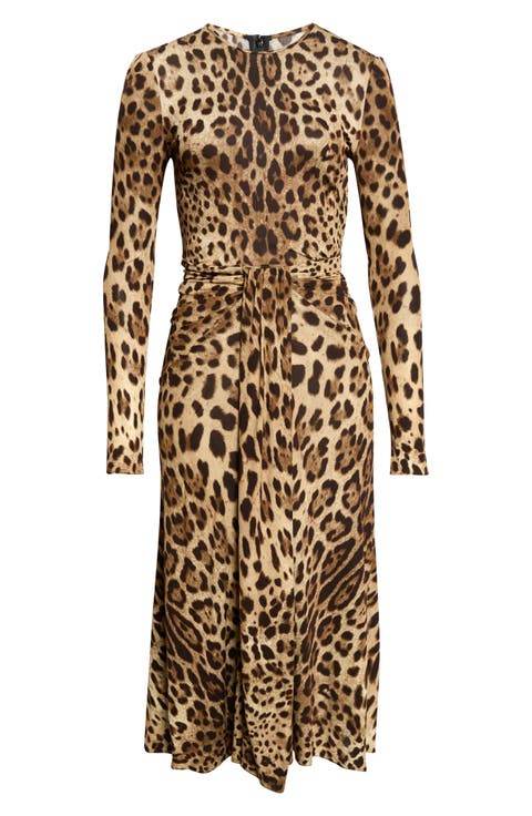 Leopard Print Long Sleeve Midi Dress