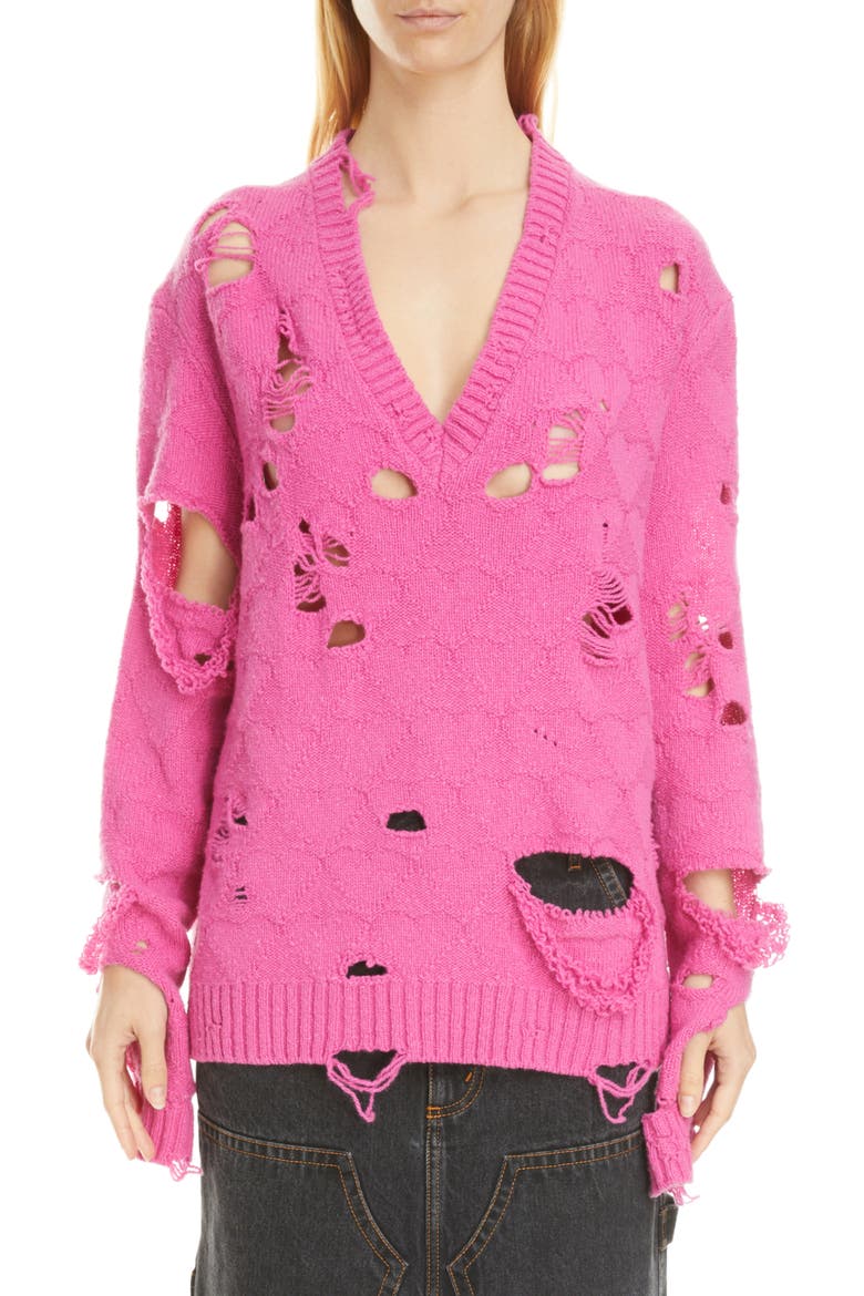 Broken Heart Oversize Distressed Wool Sweater, Main, color, PINK
