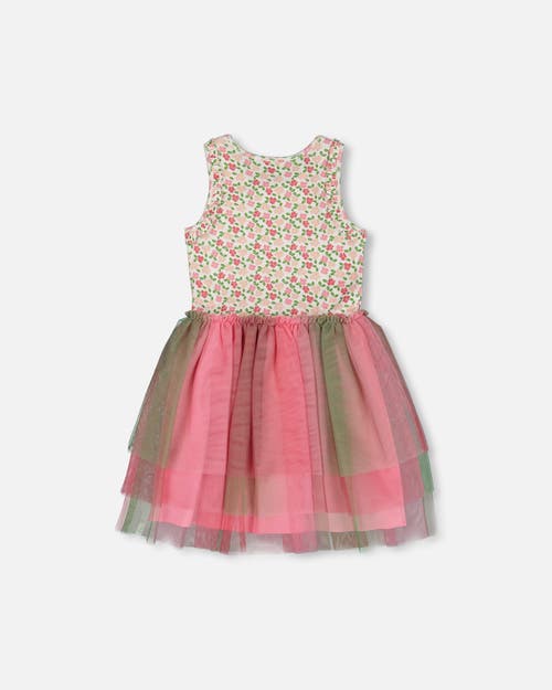 DEUX PAR DEUX DEUX PAR DEUX LITTLE GIRL'S BI-MATERIAL COTTON AND MESH DRESS SMALL FLOWERS AND MULTICOLORED GRADIEN 