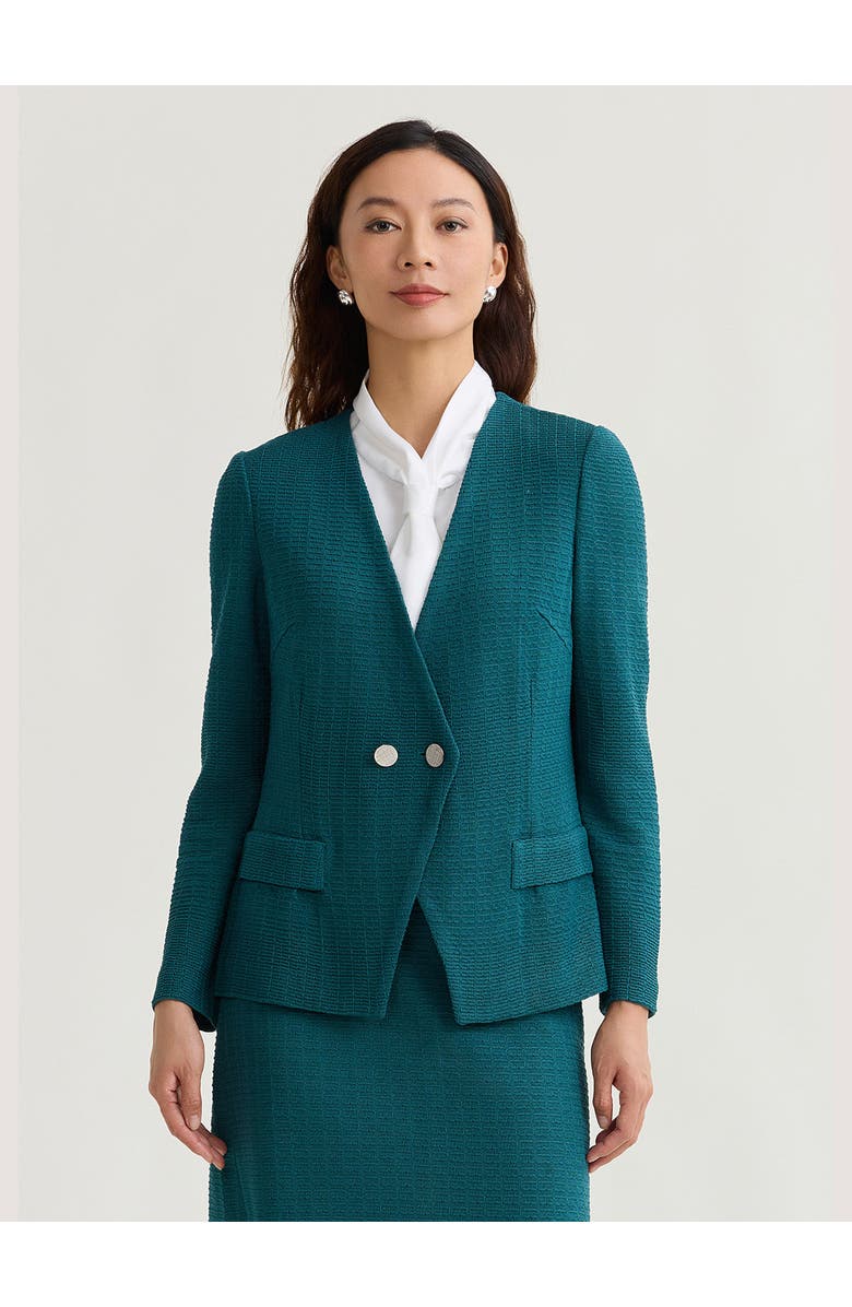 Misook Tailored Two-Button Crossover Knit Jacket, Main, color, Spruce