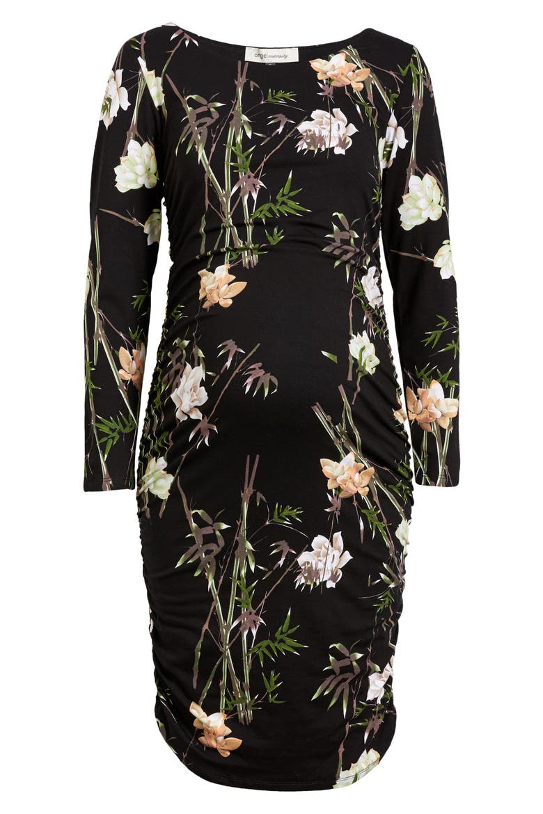 Print Ruched Long Sleeve Maternity Dress, Main, color, BLACK PRINT
