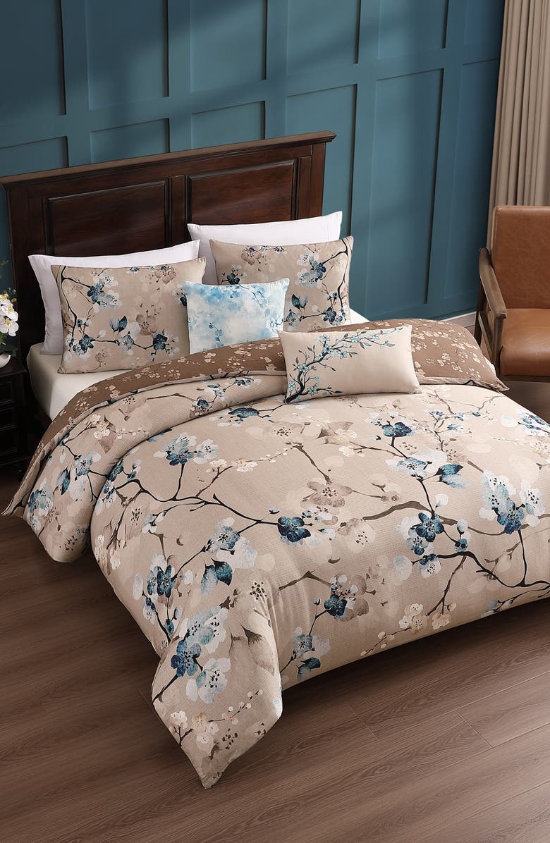Bebejan Blue Blossom Reversible 5-Piece Comforter Set, Alternate, color, Brown