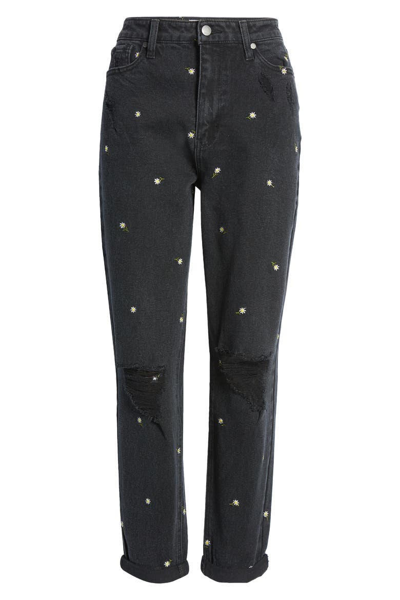 Daisy Embroidered Ripped High Waist Mom Jeans, Alternate, color, WASHED BLACK