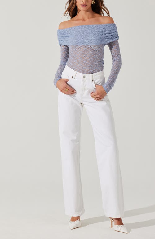 Astr The Label Lace Off The Shoulder Long Sleeve Top In Blue