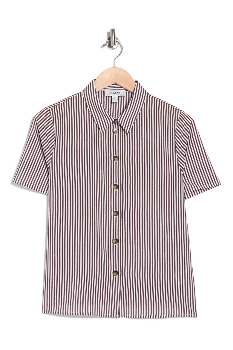 Striped Short Sleeve Button-Down Shirt, Main, color, WHITE/ BROWN