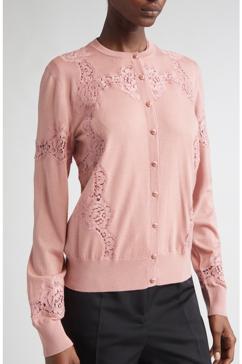 Lace Detail Virgin Wool & Cotton Blend Cardigan, Alternate, color, ROSA POLVERE SCURO