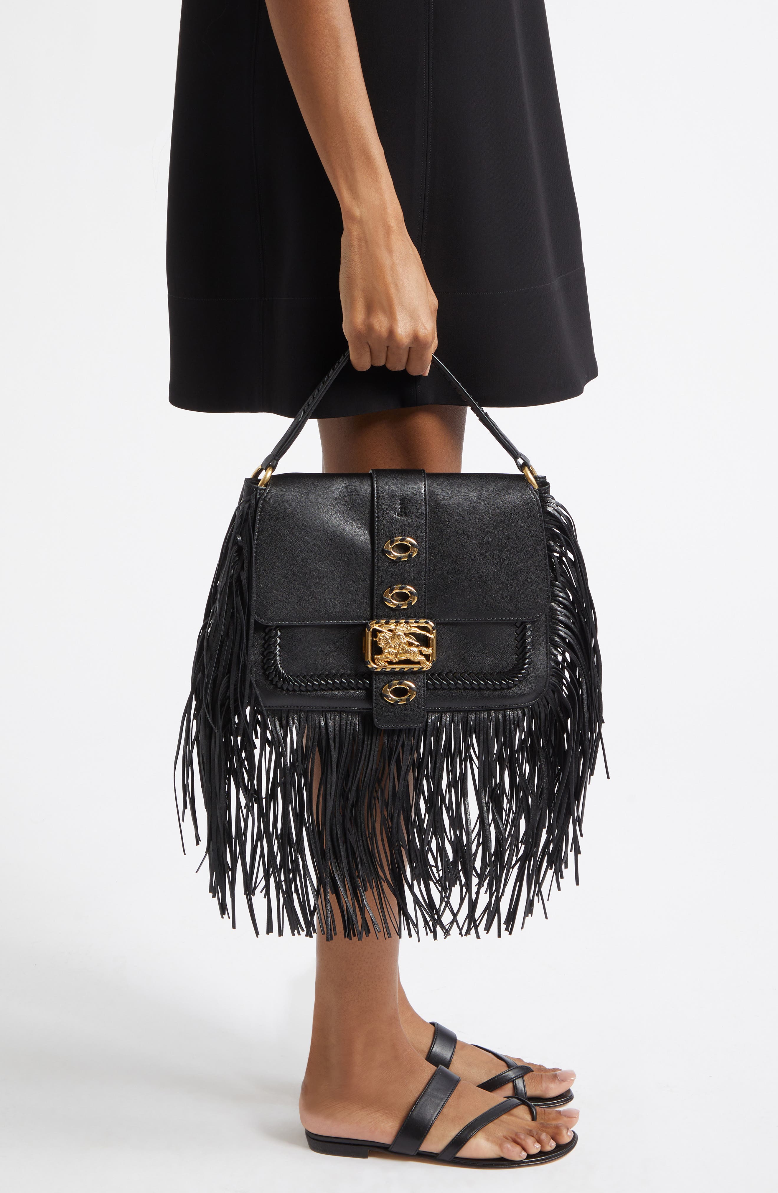 Burberry Small Rider Fringe Leather Top Handle Bag, Alternate, color, Black