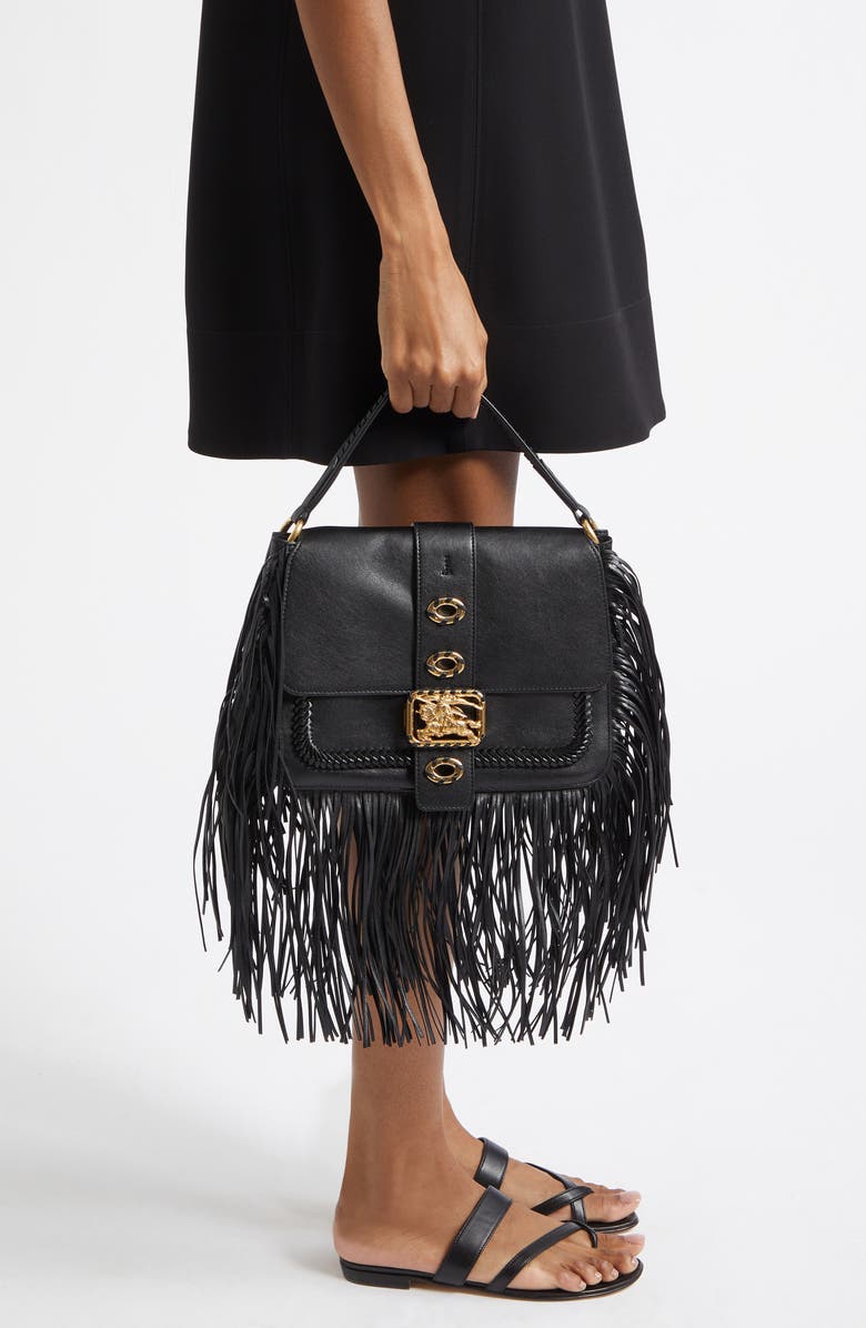 Burberry Small Rider Fringe Leather Top Handle Bag, Alternate, color, Black