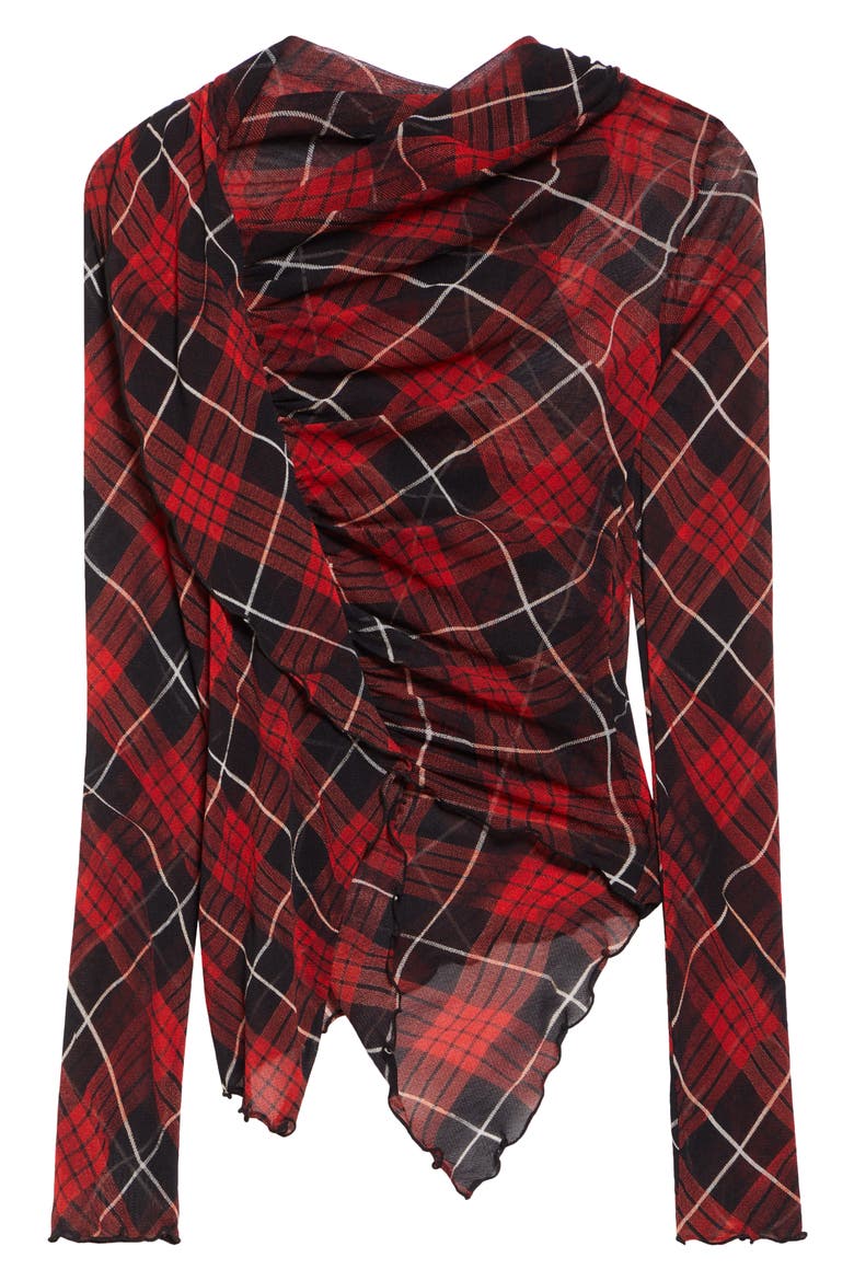 Draped Plaid Long Sleeve Mesh Top, Alternate, color, RED/ BLACK/ WHITE