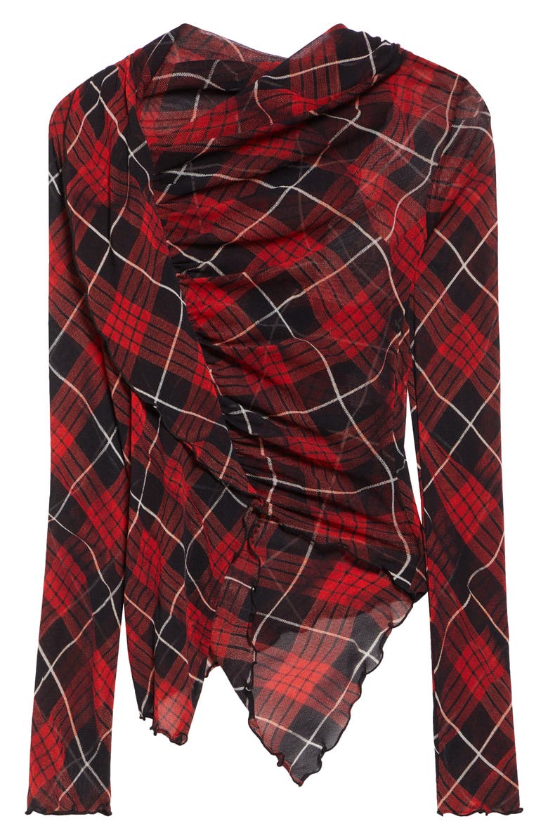 Jean Paul Gaultier Draped Plaid Long Sleeve Mesh Top, Alternate, color, 