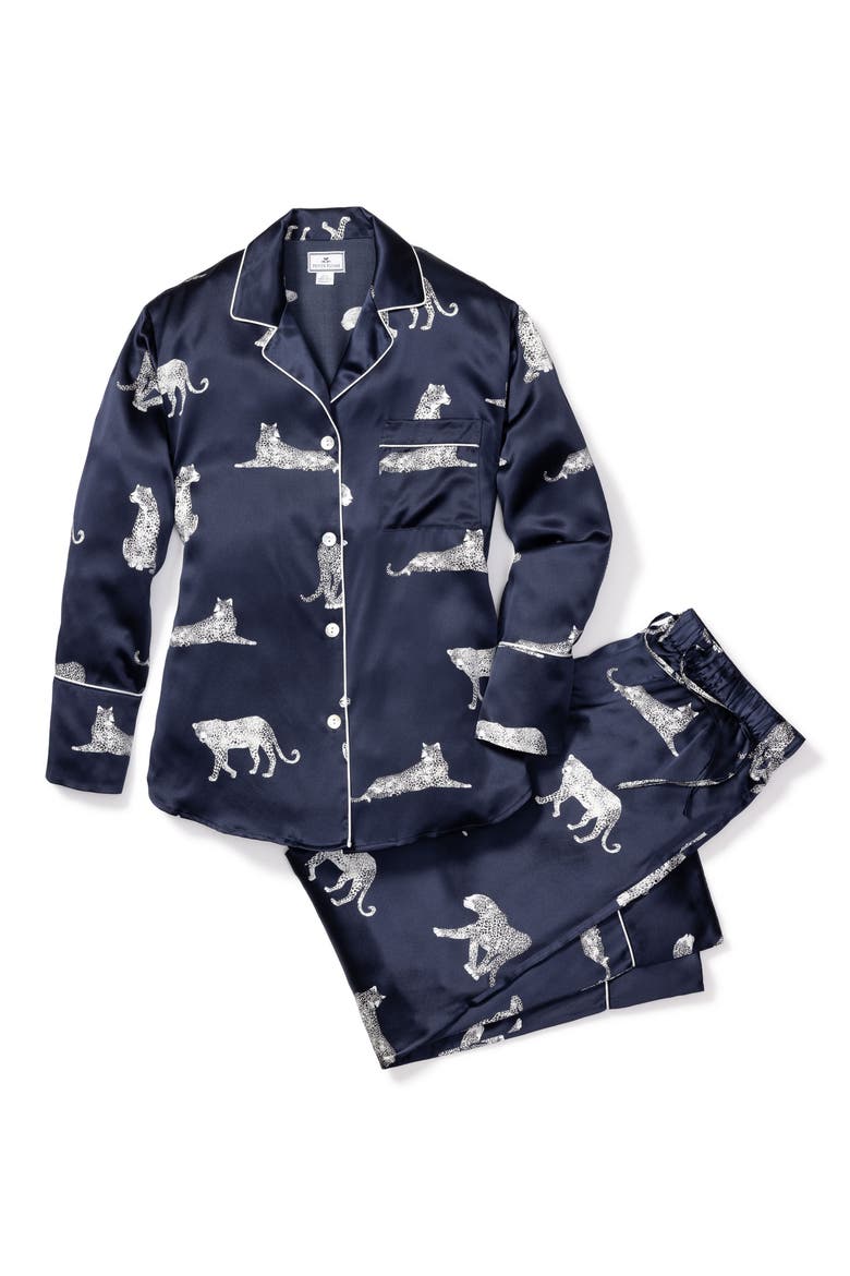 Panthre de Nuit Piped Silk Pajamas, Alternate, color, NAVY