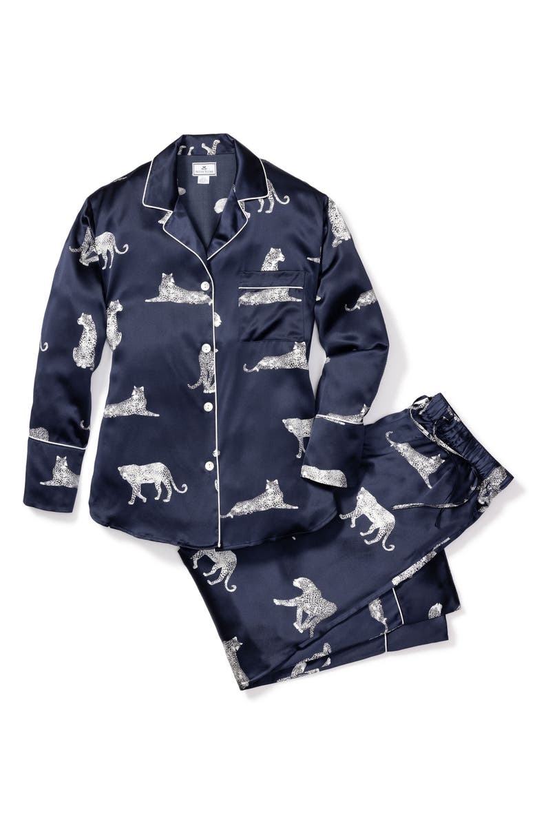Petite Plume Panthre de Nuit Piped Silk Pajamas, Alternate, color, Navy