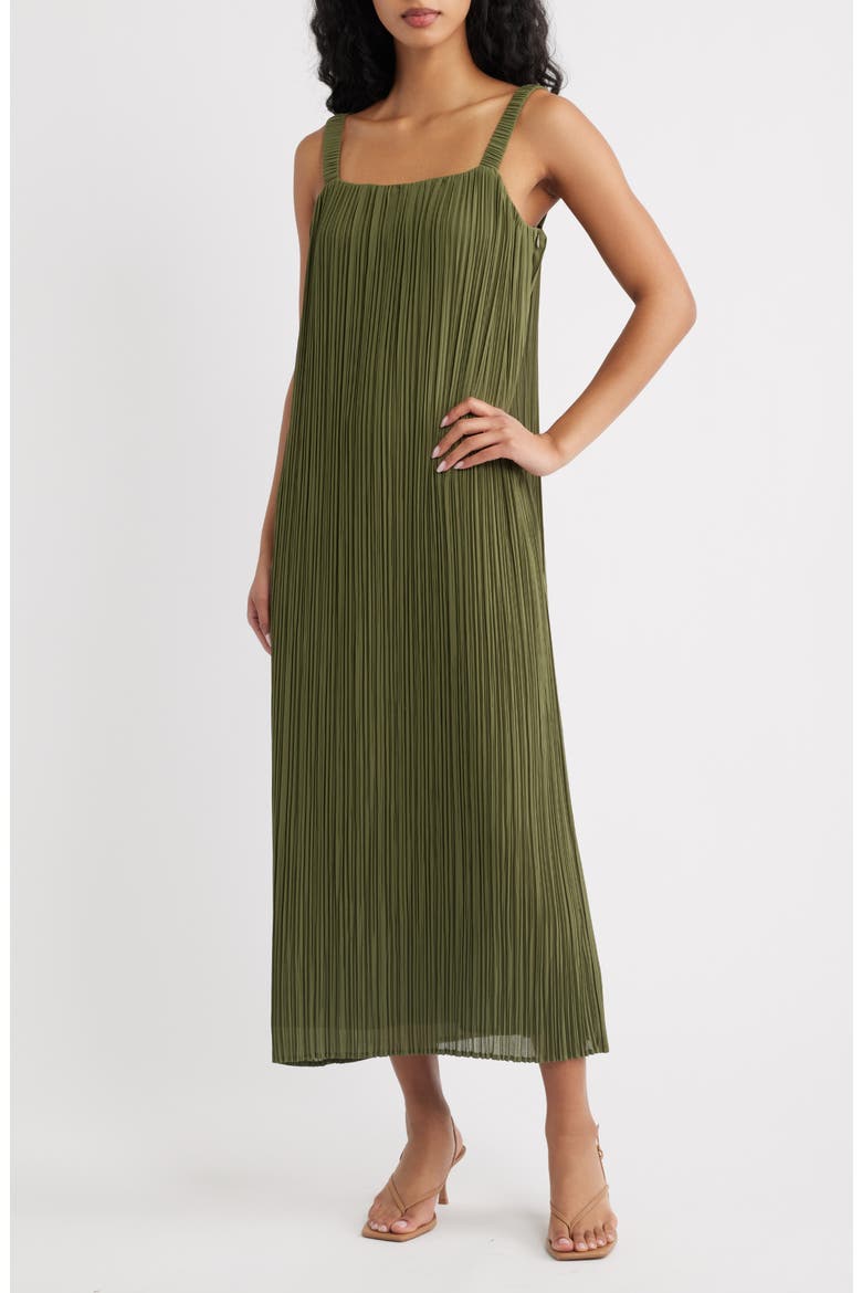 Theo Plissé Open Back Midi Dress, Main, color, MILITARY