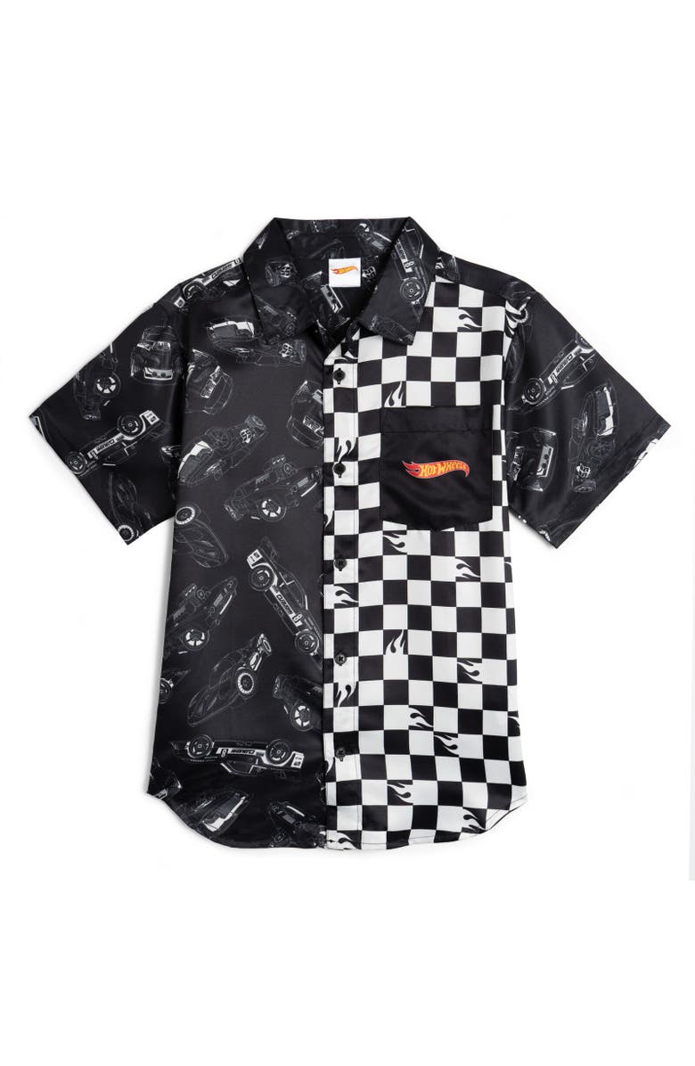 Hot Wheels Boys' Racing Button Down Shirt, Main, color, Black Checkerboard
