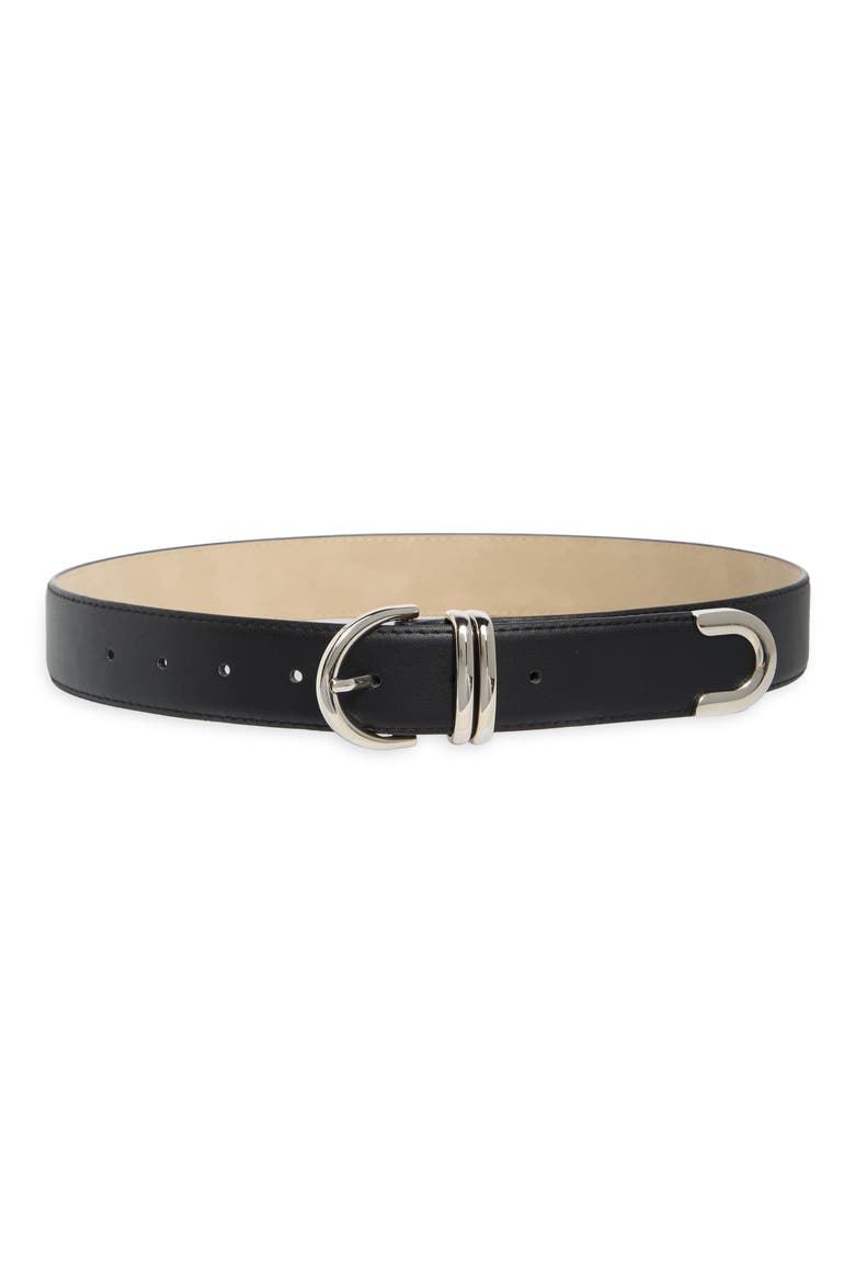 Feathered Edge Faux Leather Belt, Main, color, BLACK/ SILVER