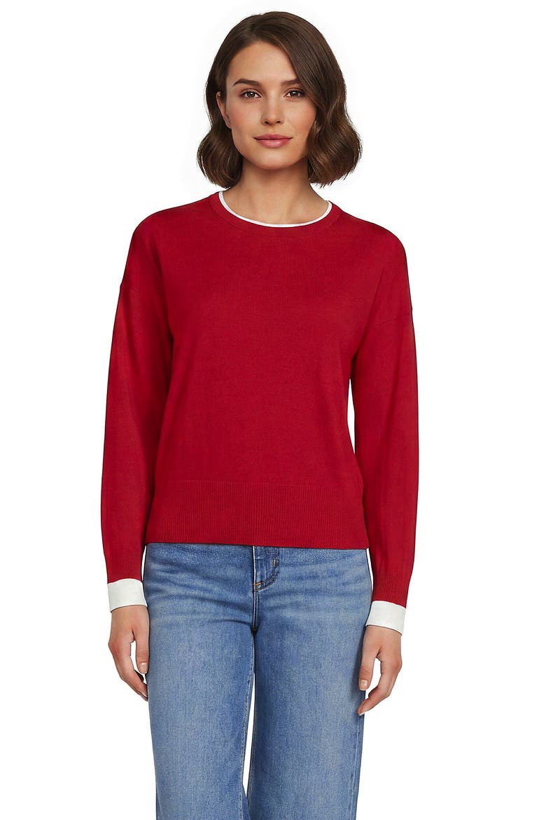 Double Trim Cotton Crew Neck Sweater, Main, color, Compass Red/White