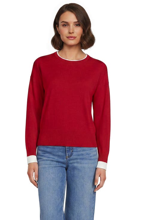 Double Trim Cotton Crew Neck Sweater