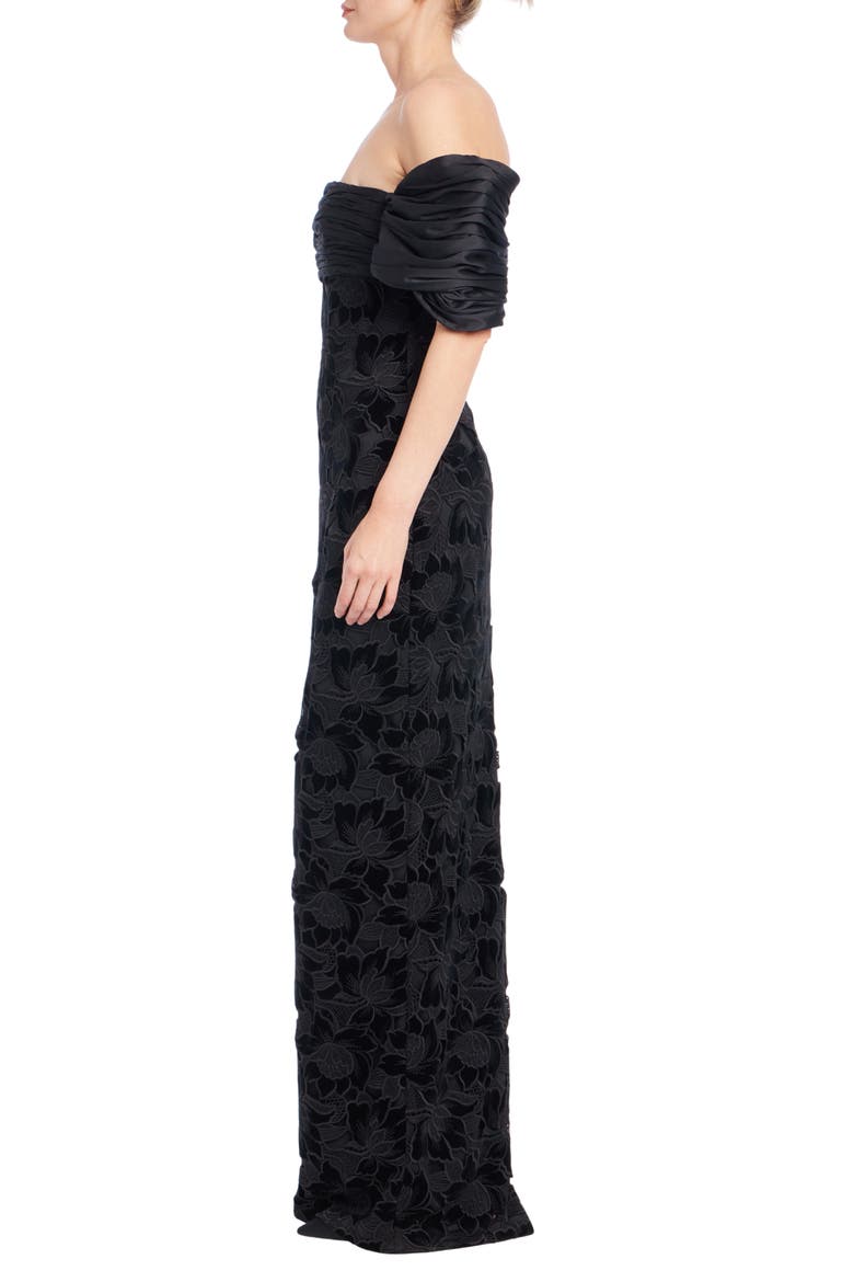 Off the Shoulder Floral Velvet Burnout Lace Gown, Alternate, color, BLACK