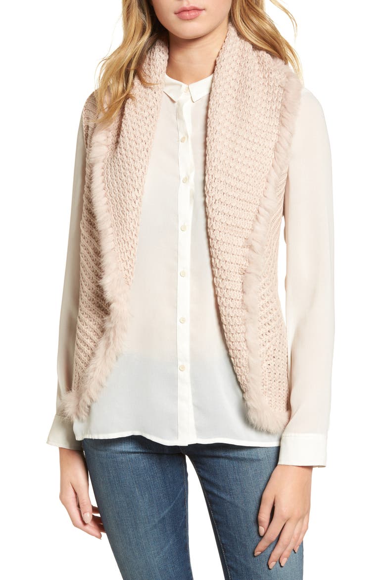Knit Vest with Genuine Rabbit Fur Trim, Main, color, BLUSH